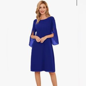 NWT Grace Karin Blue Open Long Sleeve Knee Length Chiffon Cocktail Dress 2XL